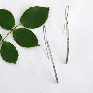 Long Curve Drop Earrings, Hammered Silver, Long Earrings, Hangs 2 3/8"